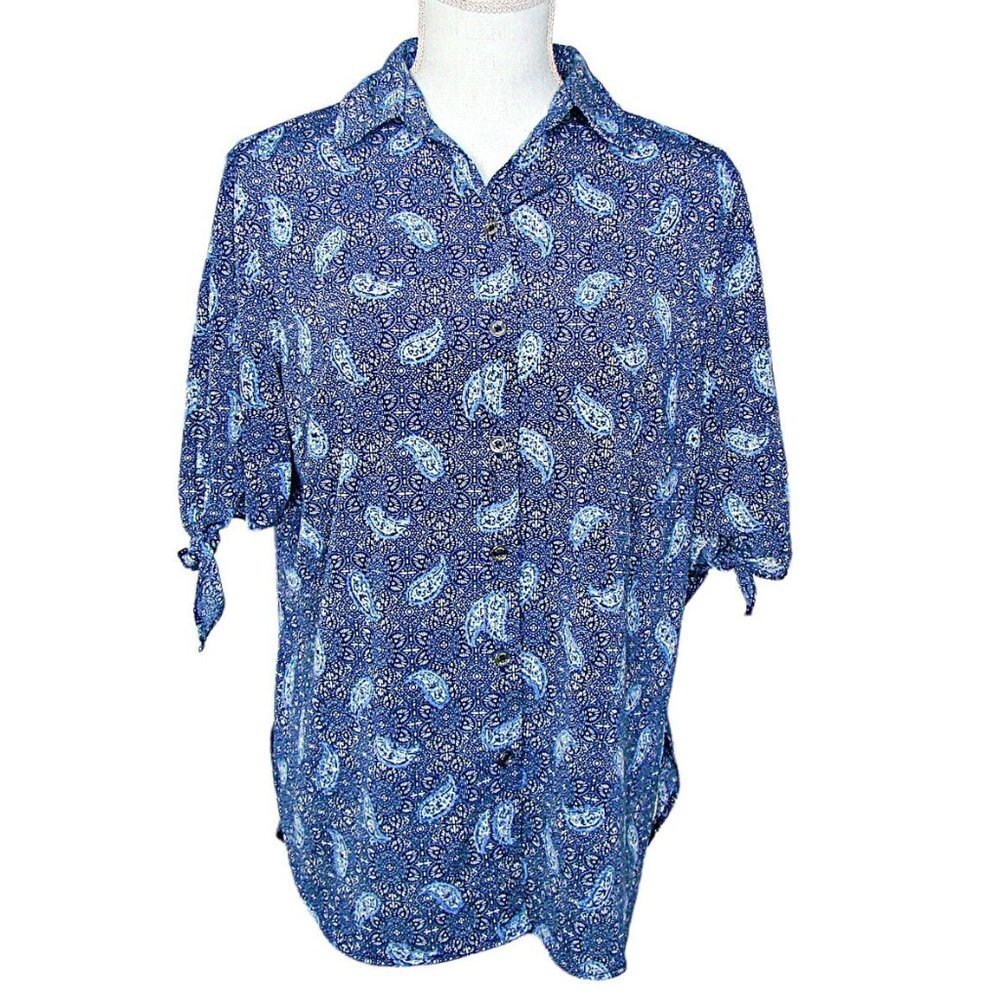 Womens Nygard Blue Paisley Print Collared Tie Sleeve Button Up Blouse Top Size M